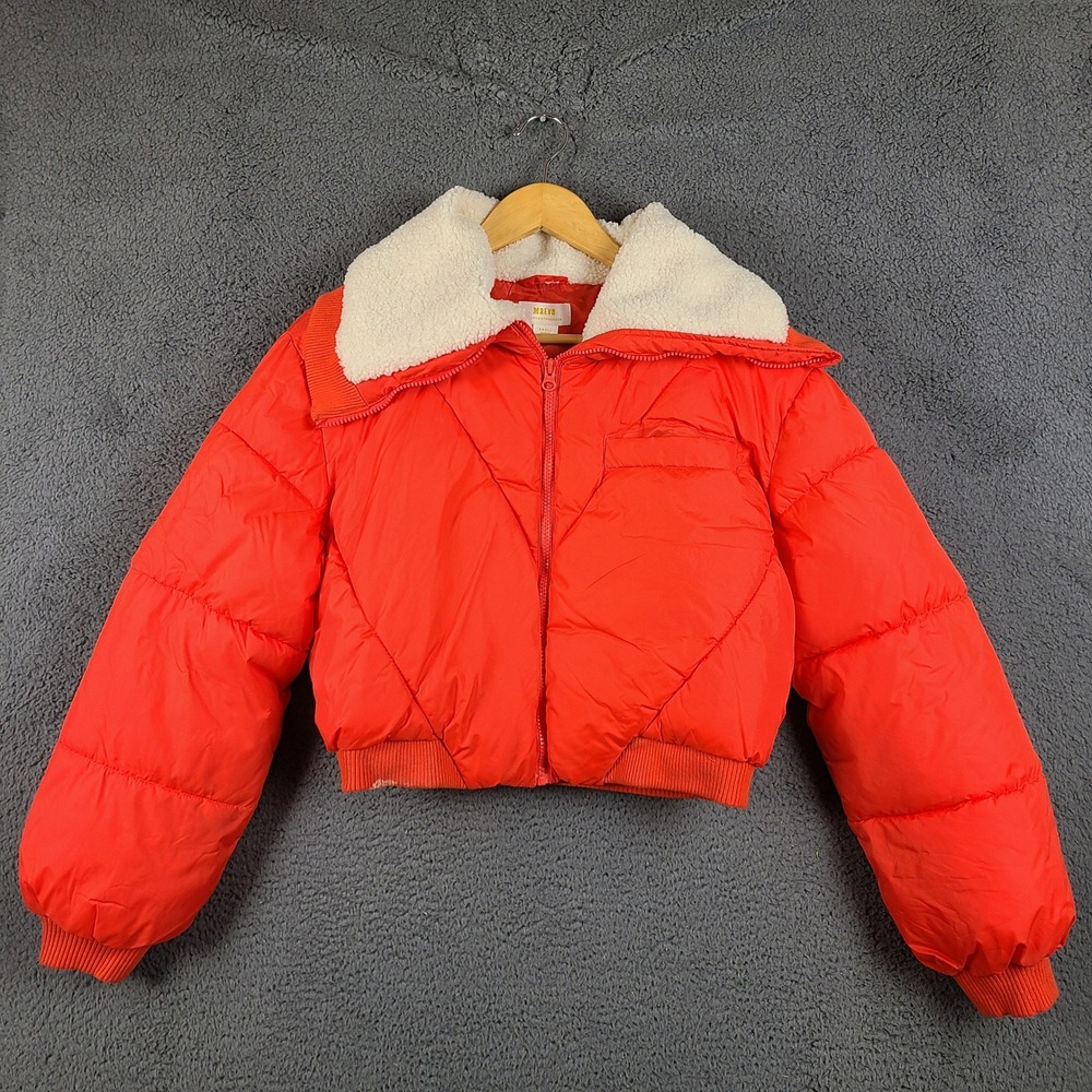 Maeve Anthropologie Red Cropped Puffer Jacket Sherpa Collar Womens size Small